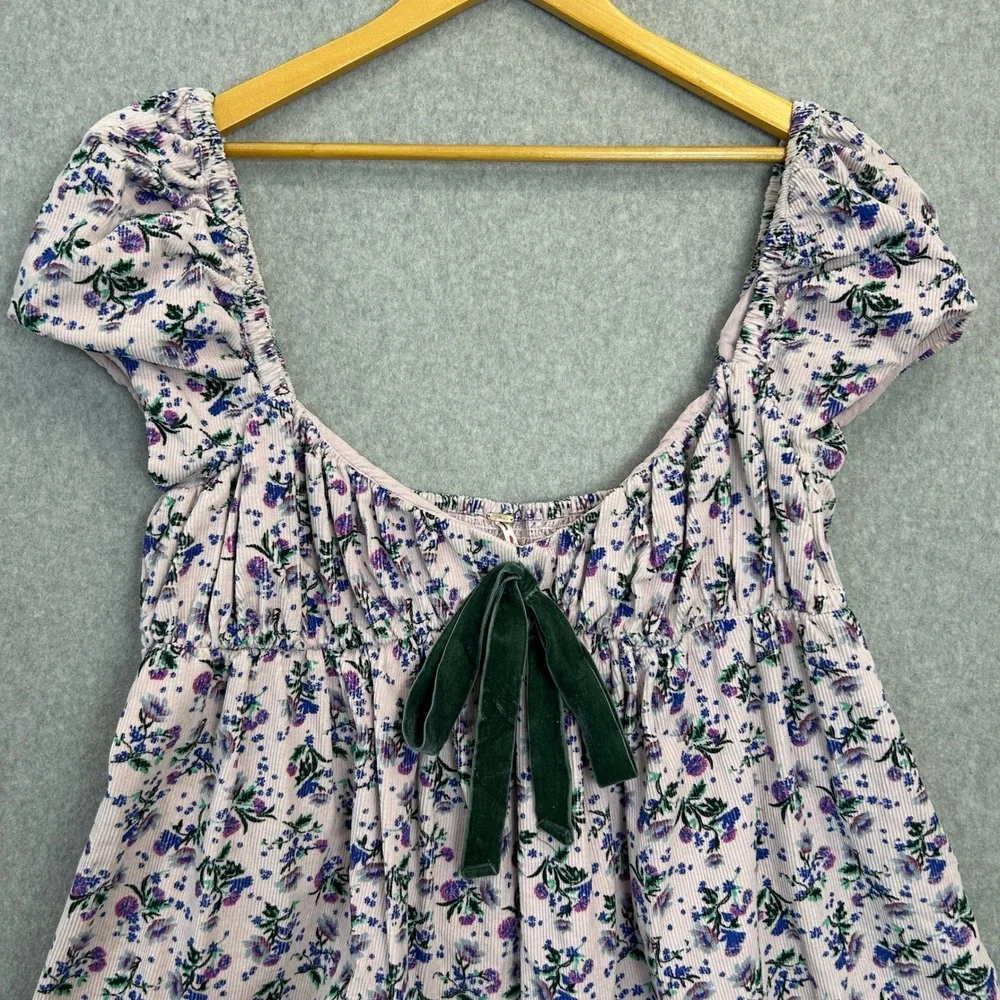 Free People Large Babydoll Top Pink Gaia Corduroy Floral Puff Sleeve Velvet Bow